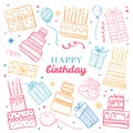 Set of stylized birthday cakes, balloons and gift boxes. Hand drawn cartoon vector colorful sketch illustration Royalty Free Stock Photo